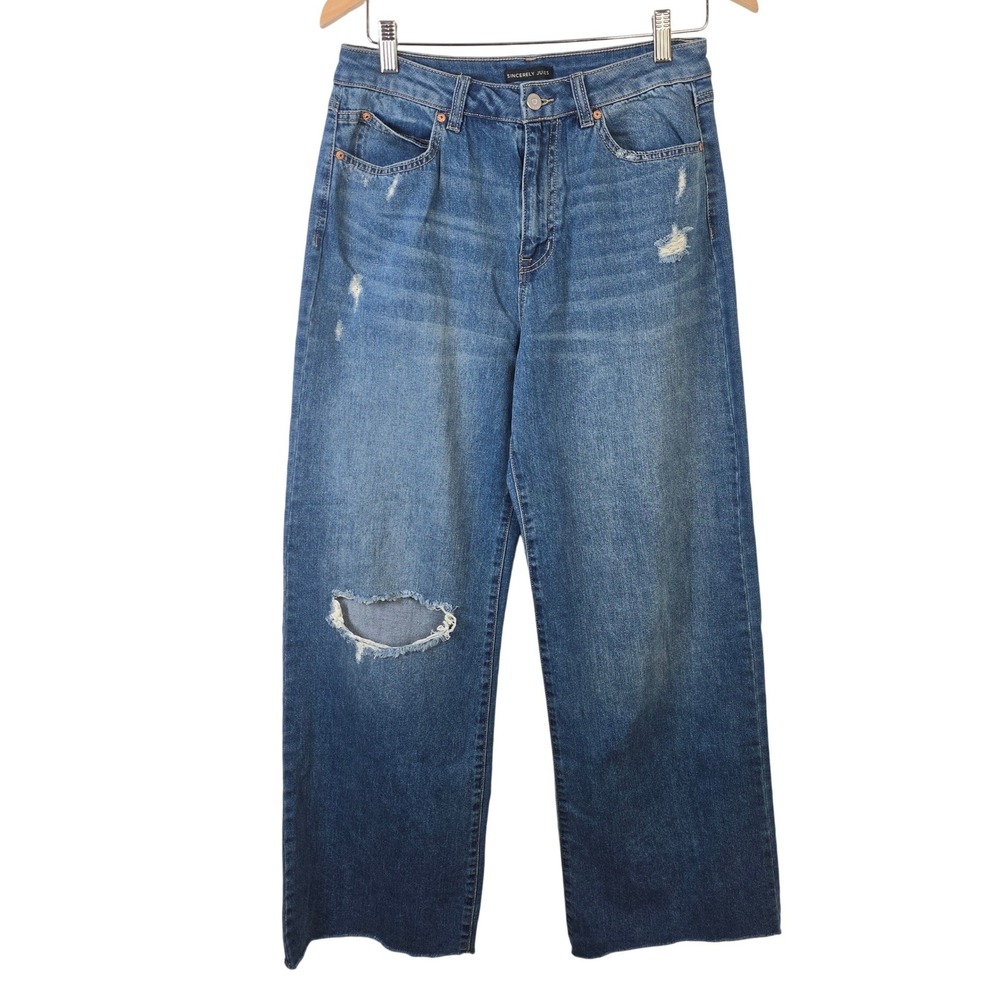 Sincerely Jules Womens High Rise Distressed Wide Leg Jeans Medium Wash 11/30